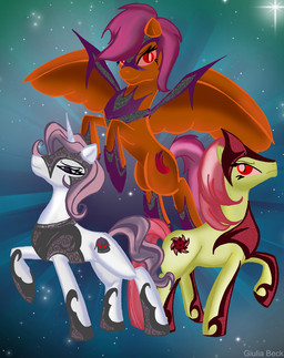 armor corruption cutie_mark feathered_wings feathers female feral group hair horn orange_body orange_feathers wings giuliabeck friendship_is_magic hasbro my_little_pony mythology apple_bloom_(mlp) cutie_mark_crusaders_(mlp) scootaloo_(mlp) sweetie_belle_(mlp) earth_pony equid equine horse mammal mythological_creature mythological_equine pegasus pony unicorn