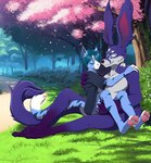 anthro blue_body blue_eyes bunny_ears_(gesture) duo forest forest_background gesture hand_on_shoulder male male/male multi_eye nature nature_background park pink_tree plant purple_body tree tommysamash cyan_chess_(character) keon_(neos8) chimera domestic_cat felid feline felis mammal