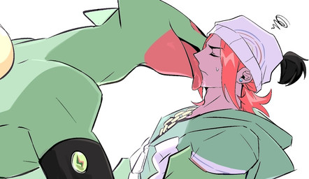 annoyed anthro armband beanie bodily_fluids chain clothing duo ear_piercing ear_stud eyes_closed face_lick hair hat headgear headwear holding_arm hoodie interspecies licking long_hair male male/male piercing romantic romantic_couple saliva shirt tongue tongue_on_face tongue_out topwear laiweitui nintendo pokemon a_mu_(laiweitui) fang_yuan_(laiweitui) pokemon_trainer generation_3_pokemon human mammal pokemon_(species) reptile scalie sceptile hi_res