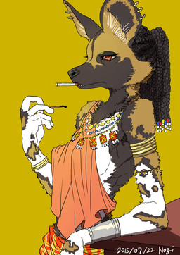 amber_eyes anthro armor black_body black_fur black_hair bracelet bracers breasts brown_body brown_fur brown_hair cheek_tuft cigarette clothed clothing dreadlocks ear_piercing ear_ring eyelashes facial_tuft female fur hair hoop_ear_ring jewelry kemono long_hair multicolored_body multicolored_fur necklace piercing ring_piercing side_boob simple_background skimpy smoking solo tribal tuft white_body white_fur yellow_background nogi african_wild_dog canid canine mammal 2015 digital_media_(artwork) signature
