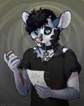 anthro blood bodily_fluids clothed clothing collar ear_piercing half-closed_eyes jewelry male narrowed_eyes necklace piercing self-harm simple_background solo spiggy-the-cat deer felid hybrid mammal