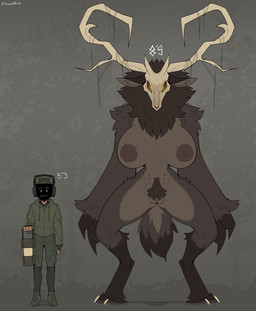 anthro antlers areola big_breasts bodily_fluids body_hair bone breasts butt butt_from_the_front cheek_tuft chest_tuft claws clitoral_hood digitigrade dipstick_tail dripping duo facial_tuft female female_anthro finger_claws genital_fluids genitals happy_trail horn huge_breasts humanoid_genitalia humanoid_vulva larger_anthro larger_female leg_markings male male_human markings multi_nipple neck_tuft nipples nude pubes service_height size_difference skull skull_head small_waist smaller_human smaller_male socks_(marking) standing tail tail_markings tuft vaginal_fluid_drip vaginal_fluids vulva yellow_eyes claweddrip american_mythology indigenous_north_american_mythology mythology north_american_mythology ace_(claweddrip) human mammal monster wendigo 2025 colored digital_drawing_(artwork) digital_media_(artwork) full-length_portrait hi_res portrait
