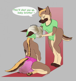 4_toes anthro biped bottomless breasts clothed clothing diaper diaper_hood diaper_on_face digitigrade duo facial_markings feces feet female fur hair head_markings humanoid_hands humiliation male male/female markings multicolored_body multicolored_fur multicolored_hair pawpads scatplay shirt simple_background soiled_diaper soiling text toes topless topwear unclean_diaper used_diaper whimper smallcircles canid canine canis domestic_dog german_shepherd herding_dog mammal pastoral_dog character_request english_text hi_res signature brother_(lore) brother_and_sister_(lore) incest_(lore) sibling_(lore) sister_(lore)