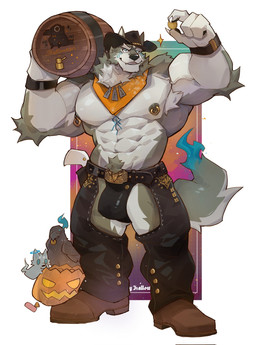 abs anthro armpit_hair barazoku barbell_piercing barrel black_bottomwear black_clothing black_underwear blue_eyes body_hair boots border bottomwear brown_boots brown_clothing brown_footwear chaps claws clock clothing coin cowboy cowboy_hat eye_markings feral finger_claws footwear fur grey_body grey_fur happy_halloween happy_trail hat headgear headwear holding_barrel holding_coin holding_object holidays leather leather_bottomwear leather_chaps leather_clothing male markings muscular muscular_anthro muscular_male nipple_piercing nipple_ring nipples pawpads pecs piercing pubes ring_piercing shoes solo sparkles tail underwear vein veiny_muscles watch white_border wristwatch kasudachan halloween avian bird corvid corvus_(genus) crow ghost oscine passerine spirit 2025 hi_res