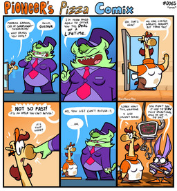 accessory anthro apron big_female business_attire business_suit businesswear businesswoman camera chef clock clothed clothed_anthro clothed_female clothing dialogue eyewear female fully_clothed fully_clothed_anthro fully_clothed_female fur glasses gloves green_body green_fur greeting group handwear hat headgear headwear larger_female machine mad_scientist manager necktie purple_body purple_fur red_eyes size_difference smile speech_bubble spying suit text top_hat trio watch work_uniform yellow_body anotherartboy pioneer's_pizza gustava_collolungo lizzy_rattington madame_graves american_opossum domestic_cat felid feline felis giraffe giraffid mammal marsupial robot virginia_opossum comic english_text hi_res
