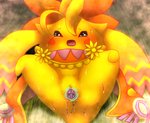 blush bodily_fluids censored_genitalia censored_pussy clothing female flower fur genital_fluids genitals legs_up open_mouth orange_clothing plant pussy solo spread_legs spreading tears vaginal_fluids yellow_body yellow_fur kyuubi360 xenoblade_chronicles mammal nopon censored