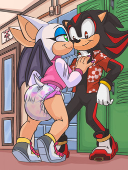 against_surface against_wall aloha_shirt anthro black_body black_fur bottomless clothed clothing colored_nails diaper duo exposed_diaper eyeshadow female flirting footwear fur green_eyes hallway inside jacket letterman_jacket locker makeup male messy nails open_clothing open_shirt open_topwear pattern_clothing pattern_shirt pattern_topwear red_body red_eyes red_fur school school_hallway shirt shirt_only shoes sneakers soiled_diaper tan_body topwear topwear_only unclean_diaper used_diaper white_body white_fur wings paddedulf sega sonic_the_hedgehog_(series) rouge_the_bat shadow_the_hedgehog bat eulipotyphlan hedgehog mammal hi_res