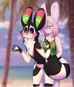 andromorph andromorph/gynomorph anthro beach black_body black_fur blush bottomless clothed clothing dialogue duo ears_up emanata fur genitals green_body green_clothing green_eyes green_fur green_topwear gynomorph intersex intersex/intersex markings nude null palm_tree partially_clothed penis pink_body pink_fur plant ring_(marking) ringed_tail seaside sex striped_markings striped_tail stripes tail tail_markings text thigh_sex topwear tree white_body white_fur marshmallow-ears catta_(marshmallow-ears) peachy_(marshmallow-ears) lagomorph lemur leporid mammal primate rabbit ring-tailed_lemur strepsirrhine digital_drawing_(artwork) digital_media_(artwork) english_text hi_res signature