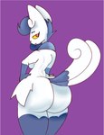 anthro big_breasts big_butt breasts butt clothing female legwear looking_back purple_background red_eyes simple_background solo tail thigh_highs sirphilliam nintendo pokemon generation_6_pokemon meowstic pokemon_(species) hi_res