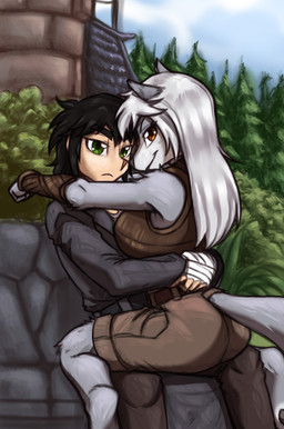anthro armor arms_around_partner arms_around_waist arms_on_shoulders bandaged_hand black_hair bottomwear clothing duo female forest forest_background fur green_eyes grey_body grey_fur grey_hair hair hug jacket jacket_vest lapsit male male/female nature nature_background orange_eyes pants plant shorts sitting sitting_on_another stone_chair topwear tree vambrace vest gndthr323 damurah kiruss canid canine canis human mammal wolf hi_res