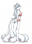2010 anthro breasts canid canine clothed clothing deadrabbit dreamspinner female fox fur hair krinele_fullin long_hair mammal multi_tail simple_background solo tail traditional_media_(artwork) white_background white_body white_fur white_hair