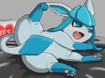 4:3 blue_body blue_eyes blush blush_lines covering covering_self digital_media_(artwork) eeveelution female feral fur generation_4_pokemon glaceon hair mammal nintendo open_mouth pawpads paws pokemon pokemon_(species) shoshinsha solo spread_legs spreading tail thick_thighs tongue wide_hips