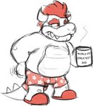 2017 anthro belly big_belly bowser boxers_(clothing) clothing container cup english_text fangs footwear goronic hair hand_on_hip holding_container holding_cup holding_object horn humor koopa male mario_bros monochrome musclegut muscular nintendo overweight overweight_anthro overweight_male pun red_eyes red_hair scalie shoes simple_background sketch slippers solo teeth text underwear white_background
