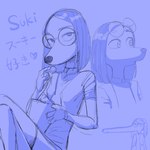 anthro eyewear female glasses sitting solo text 20daysapple illumination_entertainment sing_(movie) suki_lane canid canine canis domestic_dog hunting_dog mammal saluki sighthound 1:1 2022 english_text hi_res japanese_text monochrome sketch