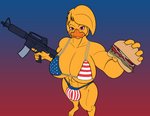 alternate_species american_flag_bikini anthro beak bikini breasts bulge burger clothed clothing dual_holding flag flag_bikini flag_clothing flag_print flag_swimwear food freckles fur furrification gun gynomorph hair holding_burger holding_food holding_gun holding_object holding_ranged_weapon holding_weapon intersex looking_at_viewer non-mammal_breasts print_bikini print_clothing print_swimwear ranged_weapon simple_background solo swimwear two-piece_swimsuit weapon yellow_body crisis-omega five_nights_at_freddy's scottgames chica_(fnaf) muscle_bird avian bird chicken galliform gallus_(genus) phasianid digital_media_(artwork) hi_res