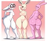 anthro back_boob bedroom_eyes big_butt breasts butt featureless_crotch female freckles group group_nudity lidded_eyes looking_at_viewer looking_back looking_back_at_viewer narrowed_eyes navel nude nude_anthro nude_female one_eye_closed presenting presenting_hindquarters pubes seductive side_boob simple_background small_waist standing tail thick_thighs tongue tongue_out trio voice_actor_joke wide_hipped_female wide_hips wink saltyxodium beastars nickelodeon the_loud_house wow!_wow!_wubbzy! beatrice_loud haru_(beastars) widget domestic_rabbit dwarf_rabbit lagomorph leporid mammal netherland_dwarf_rabbit oryctolagus rabbit absurd_res hi_res