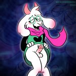 anthro balls blush bodily_fluids bottomwear clothed clothing clothing_lift crossed_legs cum dress dress_lift erection genital_fluids genitals humanoid_genitalia humanoid_penis male open_mouth penis precum scarf skirt skirt_lift solo wickedwhiskerz deltarune undertale_(series) ralsei bovid caprine goat mammal 2024 absurd_res hi_res