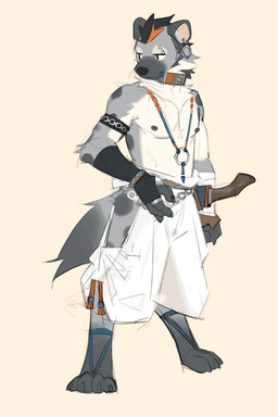 anthro areola bottomwear clothing collar ear_piercing eyebrow_piercing facial_piercing hair looking_away male markings melee_weapon piercing solo spots spotted_body tail weapon duolai8 arknights hypergryph studio_montagne spot_(arknights) hyena mammal spotted_hyena 2026 absurd_res hi_res