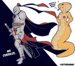ammo_pouch anthro apode armor breasts clothed clothing duo female forked_tongue genitals green_eyes hands_on_hips knight legless male melee_weapon nipples nude sad serpentine sword text tongue tongue_out vulva warrior weapon the_man draconcopode naga reptile scalie 2025 absurd_res english_text hi_res