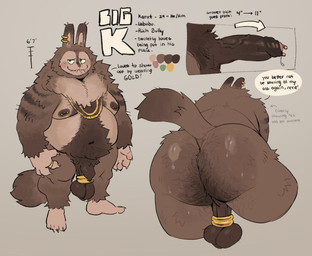 anthro ball_ring ball_stretcher balls barbell_piercing big_penis blush body_hair brown_body brown_fur butt butt_hair dialogue ear_piercing ear_ring erection facial_piercing flaccid foreskin freckled_face freckles fur genital_piercing genitals gold_(metal) gold_jewelry gold_necklace half-closed_eyes happy_trail huge_penis humanoid_genitalia humanoid_penis jewelry labret_piercing lip_piercing male narrowed_eyes necklace nipple_barbell nipple_piercing nipples nose_piercing nose_ring nude overweight overweight_anthro overweight_male penis penis_piercing piercing prince_albert_piercing pubes ring ring_piercing sharp_teeth simple_background smile speech_bubble tan_body tan_fur teeth text vein veiny_penis roseonapot labubu english_text hi_res model_sheet