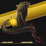 1990s abstract_background black_body black_fur black_sclera catwolf claws crossed_legs fur hi_res markings open_mouth retro scanlines sergal sheycra sitting solo tail teeth yellow_body yellow_eyes yellow_fur