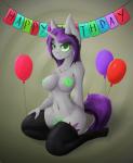 anthro balloon banner big_breasts biped birthday breasts bunting_(banner) clothing cutie_mark decoration female fur green_eyes grey_body grey_fur hair happy_birthday horn inflatable kneeling legwear letter_bunting long_hair looking_at_viewer multicolored_hair navel nipple_piercing nipples piercing smile solo stockings text two_tone_hair ninjapony hasbro my_little_pony mythology aura_spark fan_character equid equine mammal mythological_creature mythological_equine unicorn english_text hi_res