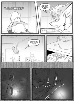 anthro clothed clothing dialogue inside knife male simple_background solo speech_bubble text vomiting kifyun2 kif_yppreah canid canine fox mammal absurd_res black_and_white comic hi_res monochrome