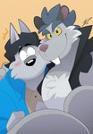 anthro black_nose blush clothing duo grey_body hug male shirt simple_background topwear hikazedragon brok_the_investigator cowcat_games squealers_chief canid canine canis mammal murid murine rat rodent wolf 2023 absurd_res hi_res