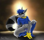 anthro arm_tuft black_body black_fur black_mask blue_clothing blue_hat blue_headwear blue_legwear blue_shirt blue_t-shirt blue_topwear brown_eyes cheek_tuft clothed clothing crouching elbow_tuft facial_tuft fur glistening glistening_eyes gloves grey_body grey_ears grey_fur handwear hat headgear headwear leg_tuft legwear looking_at_viewer male markings mask mouth_closed shirt solo striped_markings striped_tail stripes t-shirt tail tail_markings topwear tuft wearing_mask yellow_clothing yellow_gloves yellow_handwear yaoifairy sly_cooper_(series) sony_corporation sony_interactive_entertainment sucker_punch_productions sly_cooper mammal procyonid raccoon 2007 signature