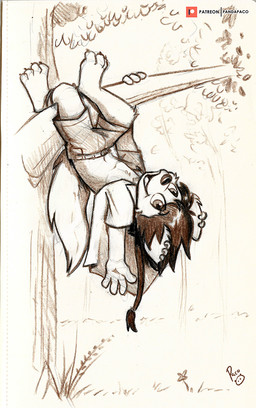 anthro bottomwear clothed clothing ear_piercing ear_ring happy in_tree logo male open_mouth open_smile piercing plant ring_piercing shorts smile solo tree upside_down young young_anthro young_male pandapaco canid canine mammal artist_logo hi_res signature spot_color
