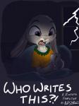 4_fingers angry anthro bed clothing dialogue dipstick_ears ear_markings ears_down electricity female fingers flat_chested furniture holding_object inside insomnia lightning multicolored_ears on_bed pivoted_ears purple_eyes shirt solo tablet text topwear sarsis disney guardian_blue zootopia judy_hopps lagomorph leporid mammal rabbit 2017 3:4 absurd_res english_text hi_res