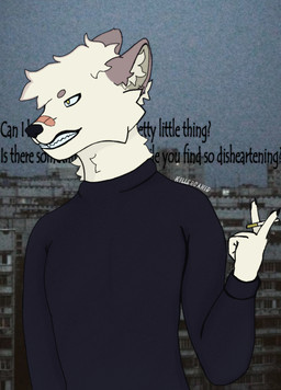 anthro background_text band-aid bandage cigarette clothed clothing male photo_background solo sweater teeth text topwear killercanid simon_(killercanid) canid canine canis domestic_dog mammal spitz yakutian_laika hi_res mixed_media photography_(artwork)