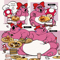 accessory anthro belly big_belly blush bodily_fluids bow_ribbon burger chef chef_hat chubby_cheeks clothing double_chin duo exclamation_point eyelashes eyes_closed fat_arms fat_legs fat_rolls female flying_sweatdrops food fries hair_accessory hair_bow hair_ribbon hat headgear headwear heart_symbol holding_fork huge_belly love_handles morbidly_obese morbidly_obese_anthro morbidly_obese_female obese obese_anthro obese_female overweight overweight_anthro overweight_female pasta pink_body ribbons ring siphon_(anatomy) spaghetti sweat sweatdrop text tongue tongue_out weight_gain white_body carcupholder mario_bros nintendo birdo_(character) birdo toad_(mario) 1:1 comic english_text hi_res