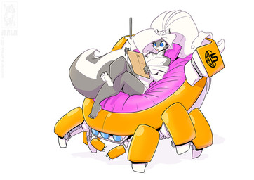 anthro blue_eyes clothed clothing female fur grey_body grey_fur hair machine simple_background solo tablet_computer white_background white_body white_fur white_hair conditional_dnp jollyjack chloe_sinclaire mammal mephitid robot skunk 2023