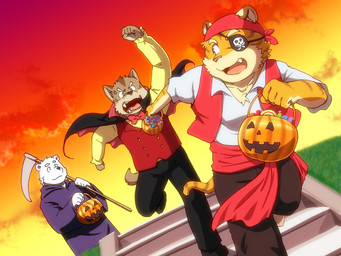 angry anthro bottomwear candy cape clothed clothing cloud costume countershading dessert eye_patch eyewear food fruit grass green_eyes group holidays looking_back male melee_weapon outside pants pink_nose pirate plant polearm pumpkin running scythe shirt sky stairs standing stealing tail topwear weapon fruitz halloween bear canid canine canis felid mammal pantherine polar_bear tiger undead ursine vampire wolf 4:3