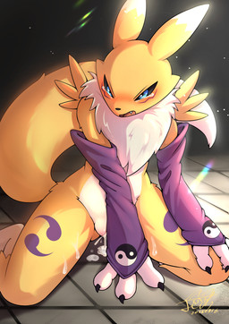 3_fingers after_sex after_vaginal anthro armwear barely_visible_genitalia barely_visible_vulva black_claws black_finger_claws black_sclera blue_eyes blush bodily_fluids body_blush chest_tuft claws clothing countershade_torso countershading cum cum_from_vagina cum_in_vagina cum_inside cum_on_ground cum_on_leg cum_on_vulva cum_strand fangs female finger_claws fingers fur fur_markings genital_fluids genitals kneeling leaking_cum markings multicolored_body multicolored_fur open_mouth questionable_consent solo tail tears teeth tuft two_tone_body two_tone_fur vulva vulva_blush white_body white_fur yellow_body yellow_fur feith-zr bandai_namco digimon digimon_(species) renamon hi_res signature