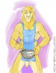 anthro apron apron_only balls biped bowl clothing container flaccid foreskin fur genitals green_eyes humanoid_genitalia humanoid_penis kitchen_utensils looking_at_viewer male mane mostly_nude muscular muscular_anthro muscular_male nipples nude penis smile solo standing text tools whisk yellow_body yellow_fur kihu jude_(shmagaman) felid lion mammal pantherine 2014 url