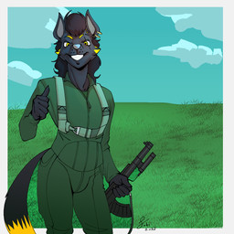 anthro dipstick_tail ear_piercing eye_scar facial_scar flight_suit gesture grass_field gun hand_gesture holding_object holding_ranged_weapon holding_weapon male markings military piercing pointing pointing_at_self pose posing_for_picture ranged_weapon rifle scar sky soldier solo tail tail_markings thumbs_up warrior weapon fobi saladin_ritter anubian_jackal canid canine canis jackal mammal 1:1