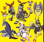 anthro anthrofied armor black_body black_fur bottomwear braided_hair braided_ponytail clothing ear_piercing ear_ring fake_evolution female feral fur group hair hat headgear headwear male pants piercing ponytail ring_piercing shirtless simple_background syringe yellow_background nuitt bandai_namco digimon fakemon demidevimon digimon_(species) lagomorph leporid mammal rabbit tobucatmon tsukaimon hi_res