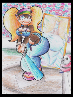 baseball_(sport) baseball_bat bat_(object) big_butt black_border blonde_hair border breasts butt cleavage clothed clothing female hair mirror pigtails playing_baseball solo sport standing tight_clothing y2k_(fashion) virus-20 donkey_kong_(series) nintendo tiny_kong haplorhine kong mammal monkey primate 2010 traditional_media_(artwork)