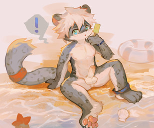 accessory anklet anthro barefoot beach blue_eyes bracelet countershading dessert erection exclamation_point feet flotation_device food foreskin fur furgonomics genitals hand_on_ground humanoid_genitalia humanoid_penis ice_cream jewelry male multicolored_body multicolored_fur nude pawpads penis seashell seaside shell shota sitting solo spots spread_legs spreading tail tail_accessory two_tone_body two_tone_fur water young young_anthro young_male cloudcat aquatic asterozoan echinoderm felid leopard mammal pantherine starfish absurd_res hi_res