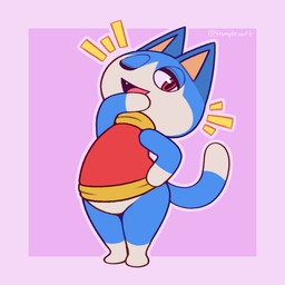 anthro biped blue_body blue_fur bottomless chibi clothed clothing dipstick_tail front_view fur gloves_(marking) hand_on_hip laugh leg_markings male markings multicolored_body multicolored_tail ojou_laugh one_eye_closed open_mouth pupils red_eyes shirt slit_pupils socks_(marking) solo standing tail tail_markings tongue topwear two_tone_body white_body frumples animal_crossing nintendo rover_(animal_crossing) domestic_cat felid feline felis mammal 1:1 2021 digital_media_(artwork)