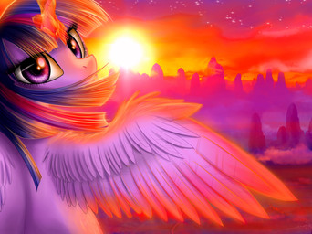 day detailed_background feathered_wings feathers female feral fur horn looking_at_viewer magic purple_body purple_eyes purple_feathers purple_fur sky solo sun wings magnaluna friendship_is_magic hasbro my_little_pony mythology twilight_sparkle_(mlp) equid equine mammal mythological_creature mythological_equine winged_unicorn absurd_res detailed hi_res