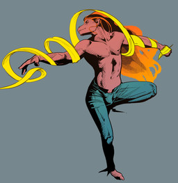 anthro athletic athletic_anthro athletic_male blue_bottomwear blue_clothing blue_pants bottomwear clothed clothing dancing fantasy hair long_hair male male_anthro orange_hair pants pants_only pose red_body topless topless_anthro topless_male yellow_ribbon purplebirdman avalon_(purplebirdman) 2023 colored colored_sketch digital_drawing_(artwork) digital_media_(artwork) hi_res sketch