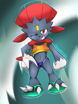 3_toes ambiguous_gender anthro butt butt_from_the_front claws clothing crop_top feathers feet flip_flops footwear forehead_gem gem gloves_(marking) grey_body hand_on_hip looking_at_viewer markings midriff navel one_eye_closed red_body red_eyes red_tail_feathers sandals shirt shoes smile solo swimwear tail tail_feathers teeth text toe_claws toes topwear white_body wink winking_at_viewer domedvortex nintendo pokemon generation_4_pokemon pokemon_(species) weavile 3:4 artist_name hi_res