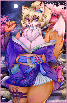 accessory alternate_costume alternate_hairstyle alternative_fashion anthro asian_clothing athletic athletic_anthro athletic_female bare_shoulders big_breasts bottomwear breasts cherry_blossom cherry_blossom_tree cherry_tree cleavage clothed clothed_anthro clothed_female clothing collar colored_eyelashes colored_nails east_asian_clothing female fingerless_gloves flower flower_in_hair fruit_tree full_moon fullmoon gloves hair hair_accessory handwear heterochromia japanese_clothing japanese_sword kunai light looking_at_viewer melee_weapon miniskirt moon moonlight nails neck_bow night open_mouth open_smile outside plant prunus_(flower) sheathed_sword skirt sky smile smiling_at_viewer solo star starry_sky sword sword_on_back text thick_thighs tree weapon weapon_on_back canvy_(artist) combat_cat_studio wild_assault akai_hime_(wild_assault) canid canine fox mammal absurd_res artist_name detailed digital_drawing_(artwork) digital_media_(artwork) hi_res