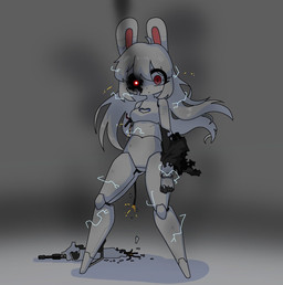 anthro blank_stare breasts electricity eye_wound featureless_feet feet female hair heart_cutout long_hair machine robot_gore serial_number severed_arm severed_body_part severed_limb small_breasts sparks wire wounded potatobud3 lagomorph leporid mammal rabbit robot hi_res