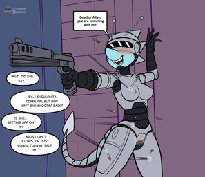 armor aroused big_breasts blue_body blush breasts bullet cosplay cybernetics dialogue erect_nipples female gun handgun headgear helmet machine metallic_body navel nipples non-mammal_breasts non-mammal_navel non-mammal_nipples pistol ranged_weapon text thick_thighs weapon wide_hips fourssss robocop_(franchise) skitter_the_gecko cyborg gecko lizard reptile scalie english_text
