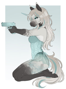anthro blue_eyes clothing corset eyeshadow female gun hair highlights_(coloring) horn kneeling lingerie makeup ranged_weapon solo topwear weapon catpose mythology equid equine mammal mythological_creature mythological_equine unicorn absurd_res hi_res