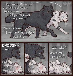 animal_genitalia animal_penis blue_eyes blush canine_genitalia canine_penis claws dialogue duo erection feet feral fur genitals lying male on_back outside penis scar sheath standing tail teeth text toes tongue yellow_eyes clyde_wolf grom_(character) canid canine canis mammal wolf 2026 comic digital_drawing_(artwork) digital_media_(artwork) english_text hi_res